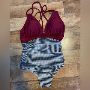 Red top Pinstripe Ruched One Piece Swimsuit size OXL which is about a 10-12 NWOT